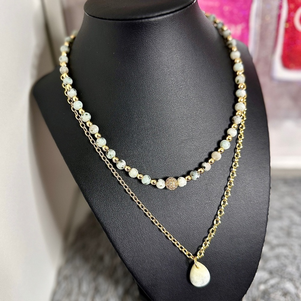 Natural Jade Teardrop Pendant & Natural Sesame&Kiwi Jasper Stackable Necklaces